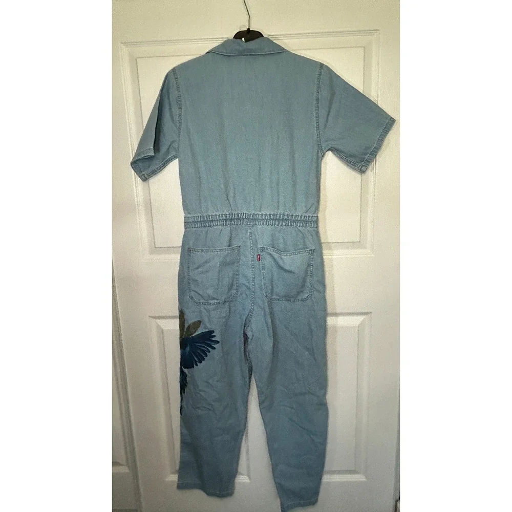 Levi's x FARM Rio Luella Denim Jumpsuit Small Light Wash Blue Macaw Parrot NWT